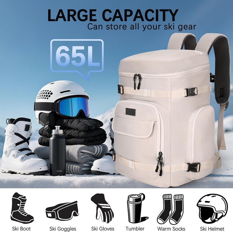 Tenfly Ski Boot Bag,65L Snowboard Boot Bag for Air Travel,Padded Ski Bakcpack for Helmet, Goggles, Gloves, Skis - Image 2